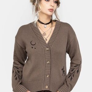 Disturbia Hester Brown V-Neck Embroidered Button Cardigan Small